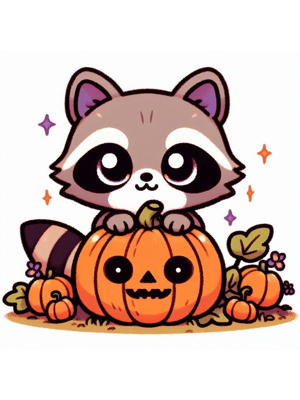 halloween cute animals drawings, featuring a charming raccoon peeking from a carved pumpkin surrounded by tiny pumpkins and fall leaves.